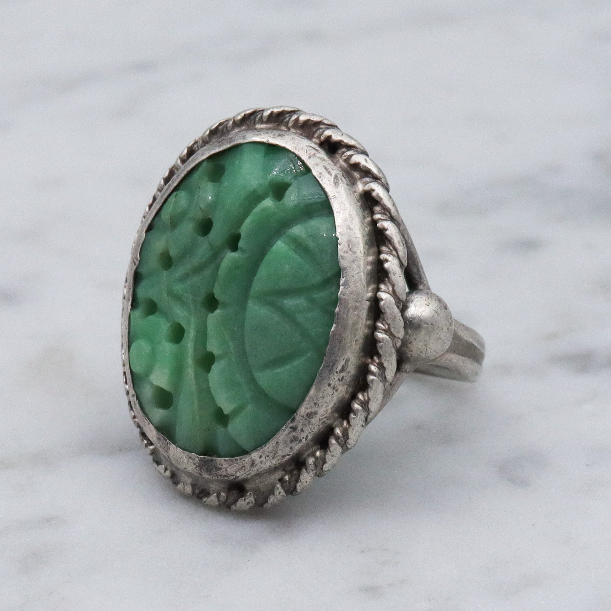 Antique Asian carved jade sterling silver ring, sz 6.75